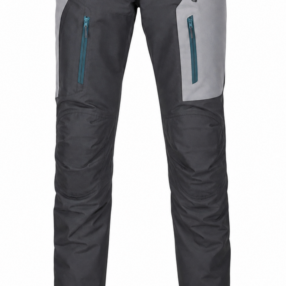 GraphiteFlow gray teal waterproof textile motorcycle pants — knee, lower-leg and cuff detail