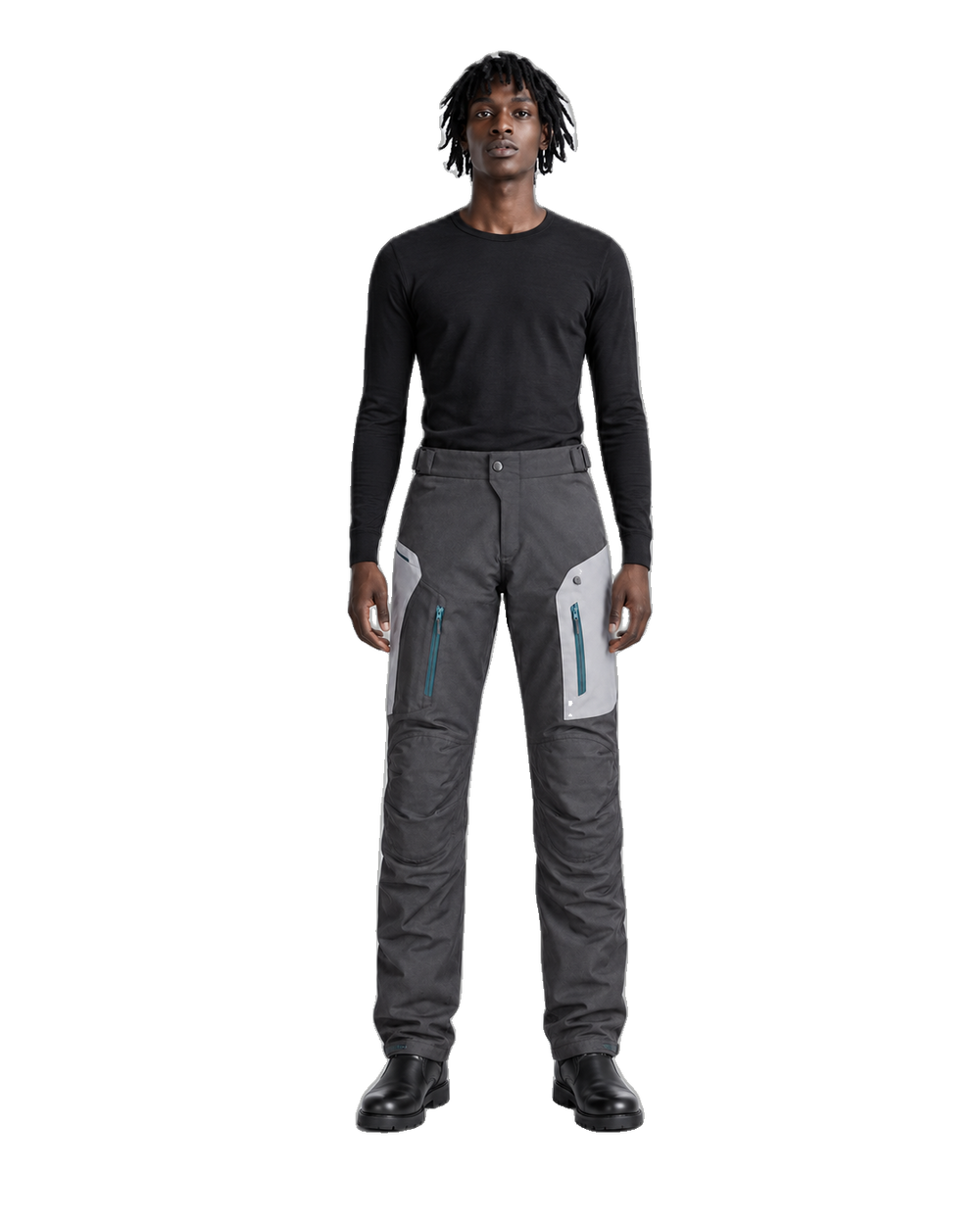 GraphiteFlow Gray Teal Waterproof Textile Motorcycle Pants front view on male model on transparent background