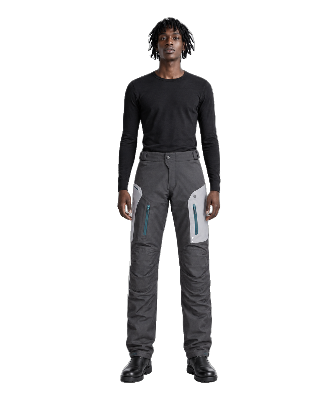 GraphiteFlow Gray Teal Waterproof Textile Motorcycle Pants front view on male model on transparent background