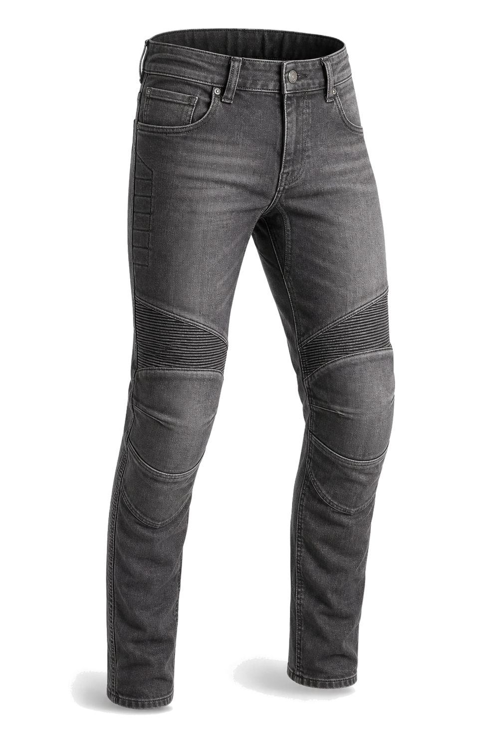 Gravel Run Gray Armored Motorcycle Riding Jeans front three-quarter view on light gray background