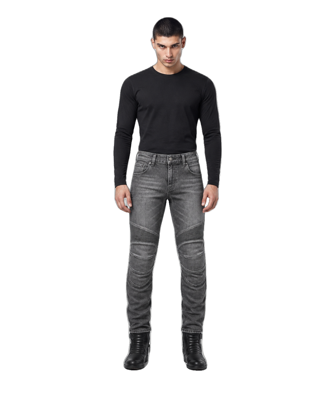 Gravel Run Gray Armored Motorcycle Riding Jeans front view on male model on transparent background