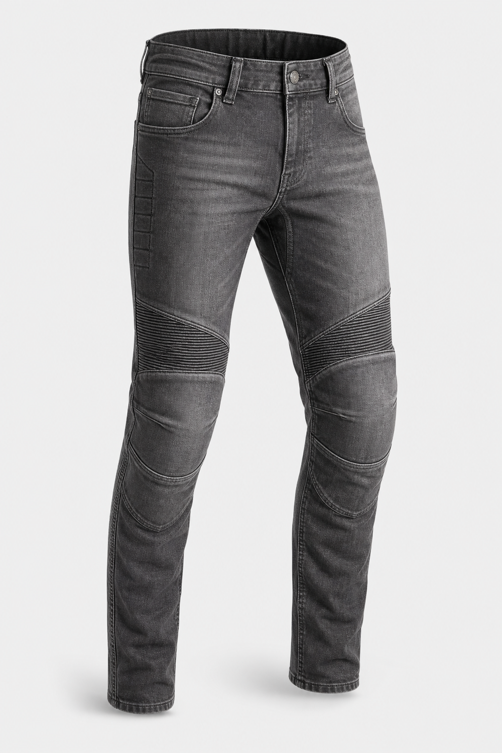Gravel Run Gray Armored Motorcycle Riding Jeans front three-quarter view on light gray background