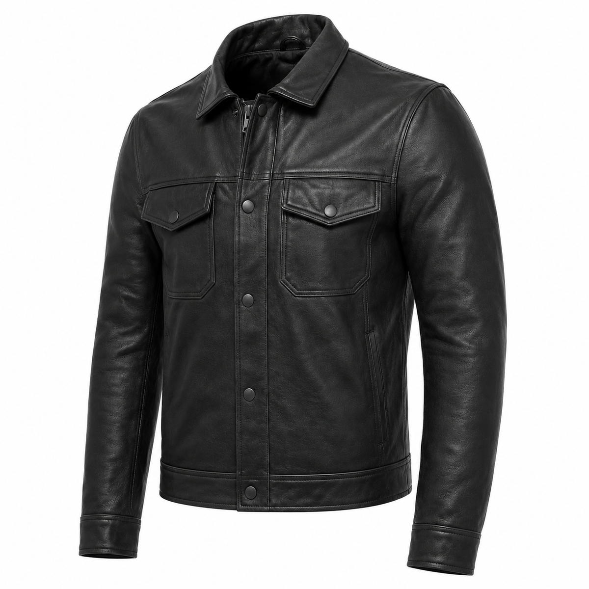 Harbor Black Leather Overshirt Motorcycle Jacket three-quarter leather detail view