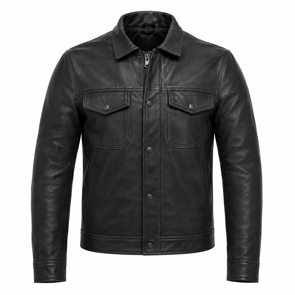 leather overshirt motorcycle jacket – Harbor Black Leather Overshirt Motorcycle Jacket front view