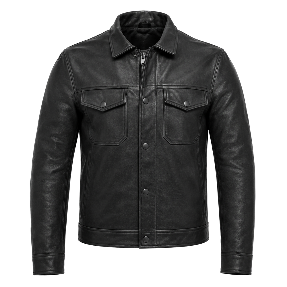 leather overshirt motorcycle jacket – Harbor Black Leather Overshirt Motorcycle Jacket front view