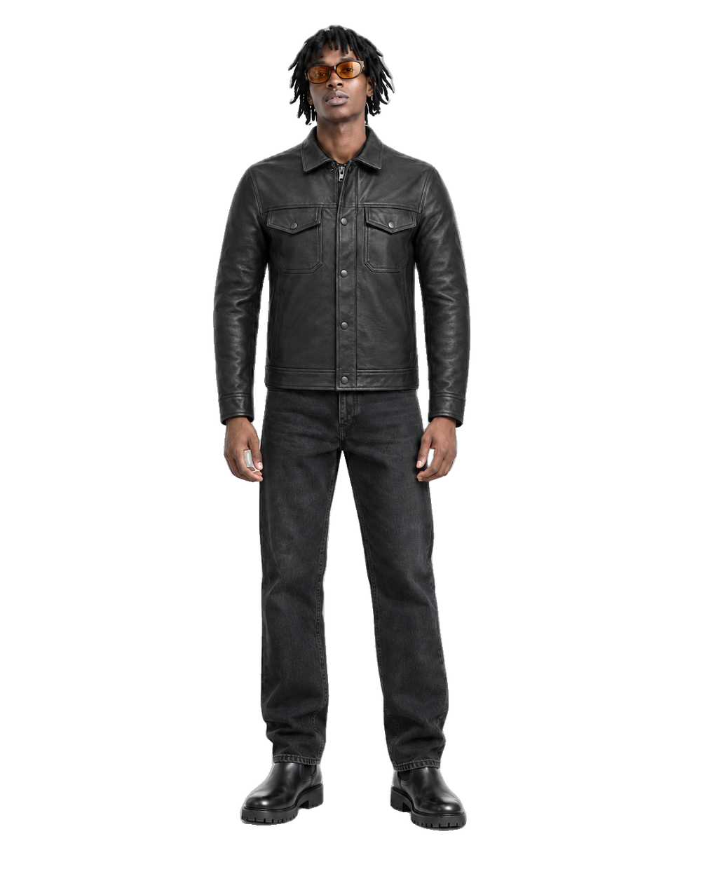 Harbor Black Leather Overshirt Motorcycle Jacket front view on male model with transparent background