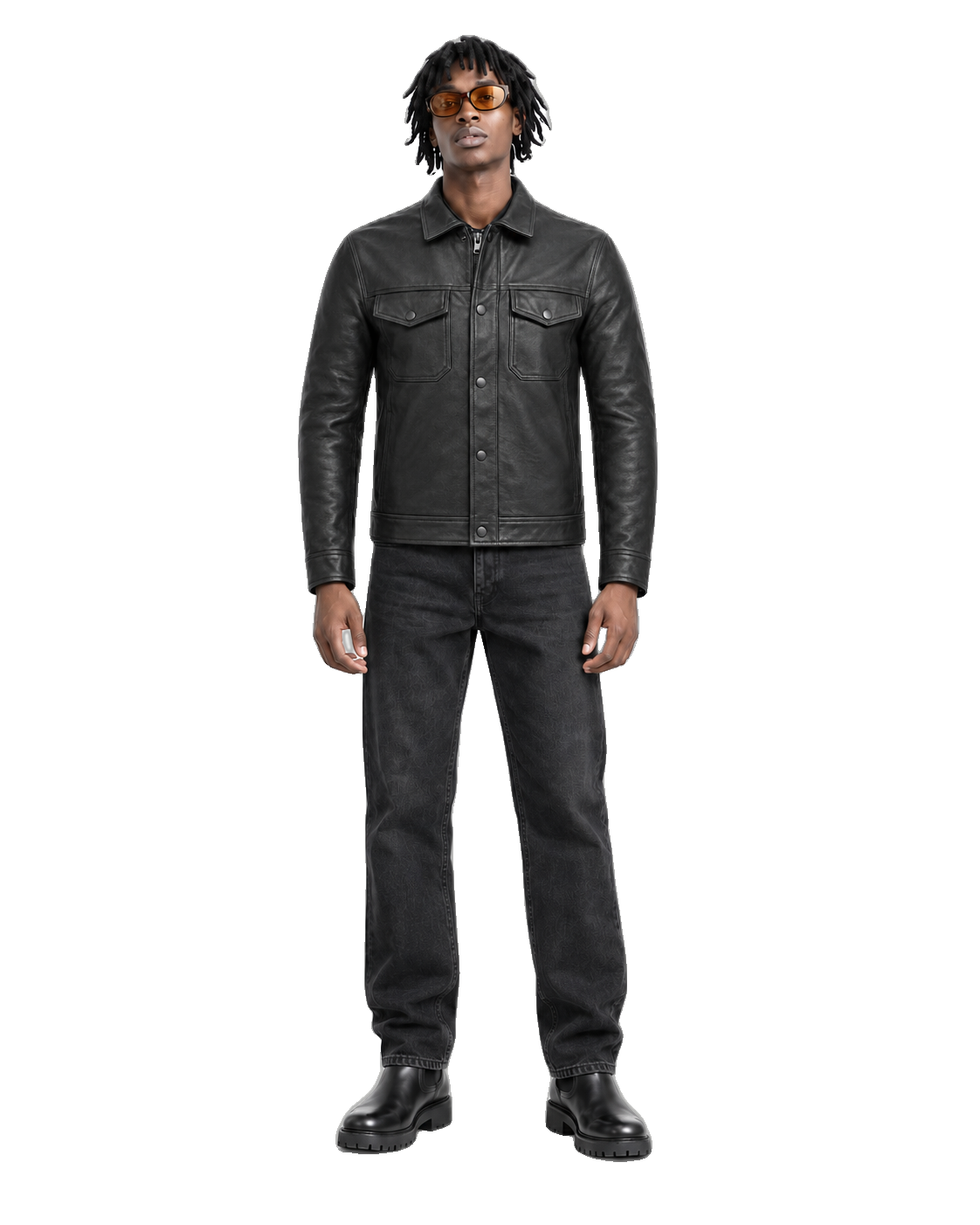 Harbor Black Leather Overshirt Motorcycle Jacket front view on male model with transparent background