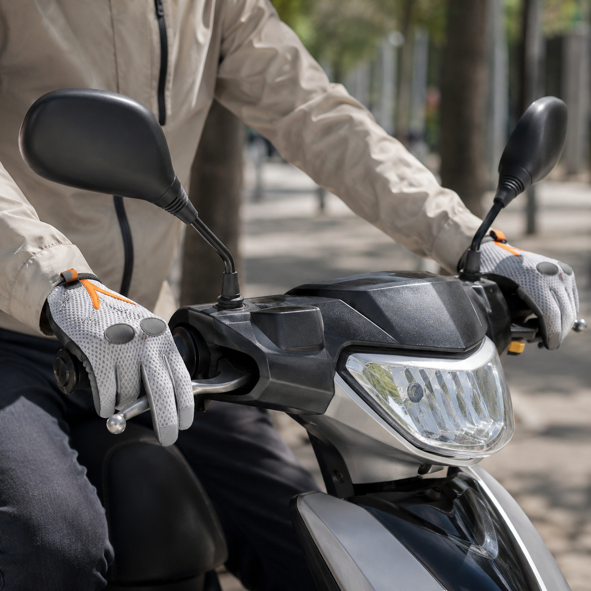 Summer commuter wearing light gray and orange HeatWave motorcycle gloves
