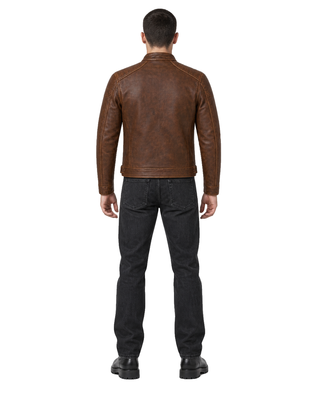 Heritage Crest Brown Leather Cruiser Jacket back view on male model with transparent background