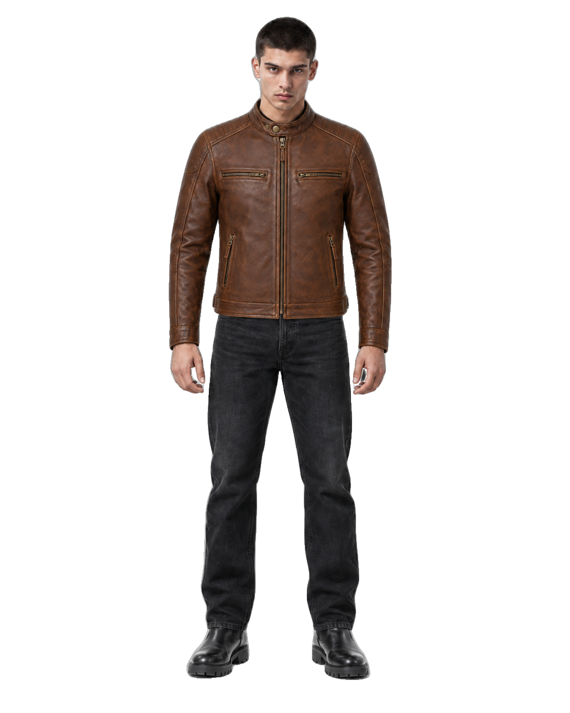 Heritage Crest Brown Leather Cruiser Jacket front view on male model with transparent background
