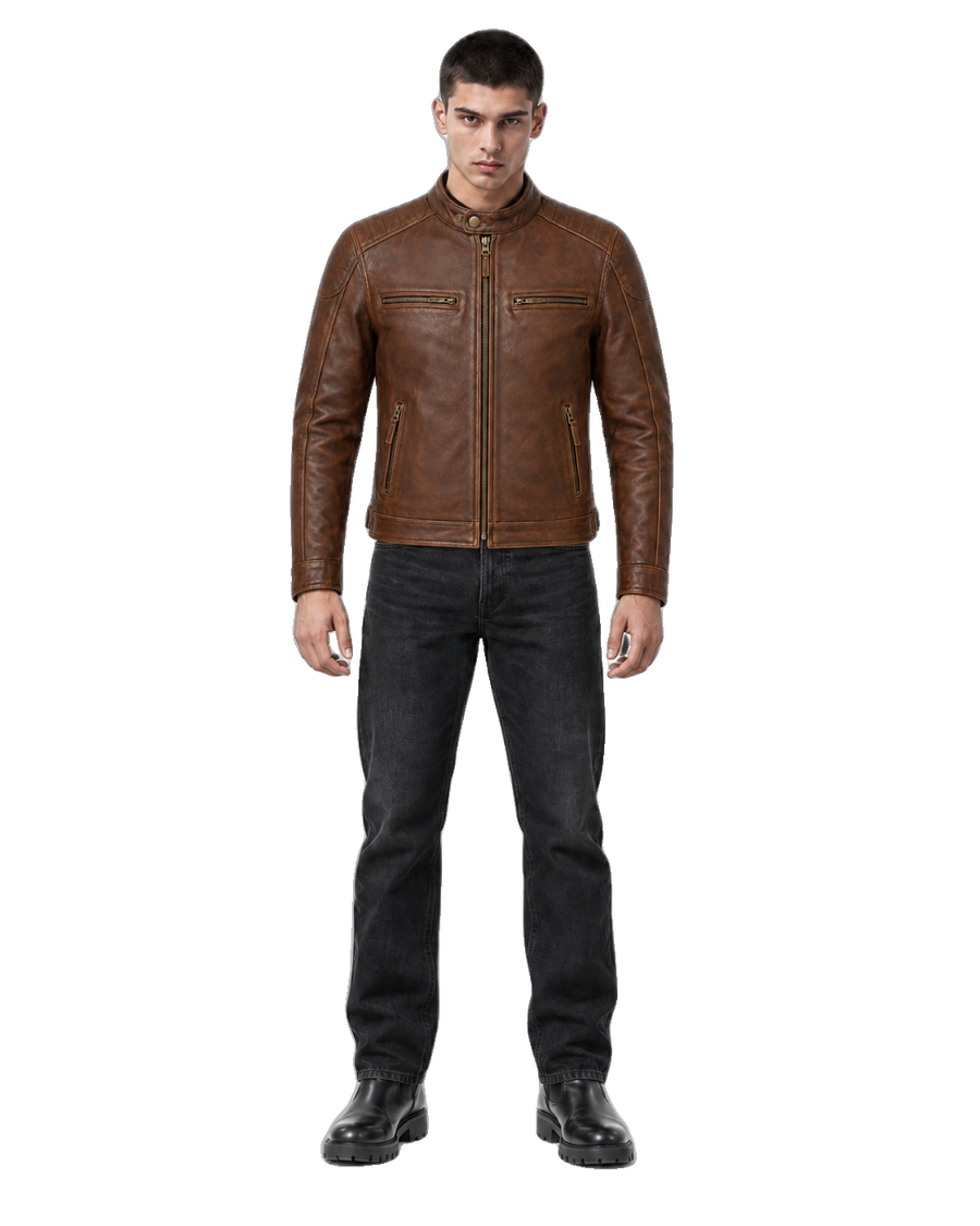 Heritage Crest Brown Leather Cruiser Jacket front view on male model with transparent background
