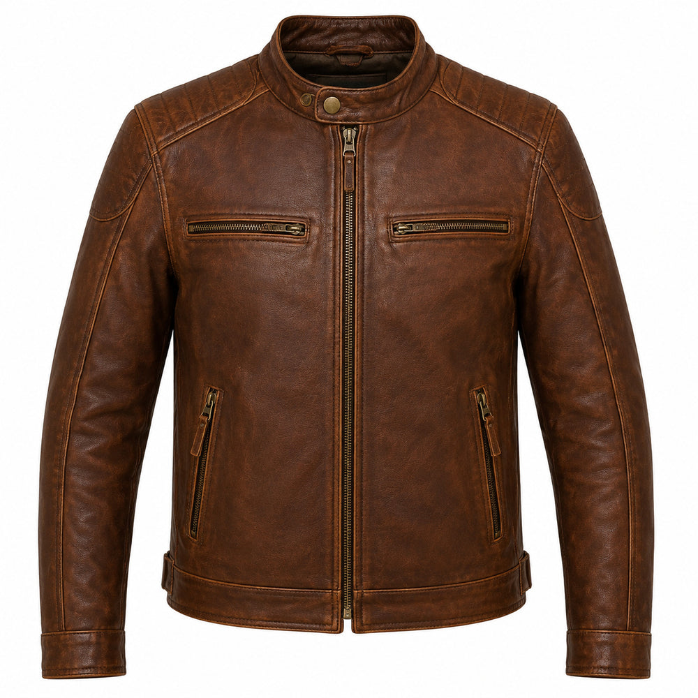 Heritage Crest Brown classic cruiser leather motorcycle jacket front hero view