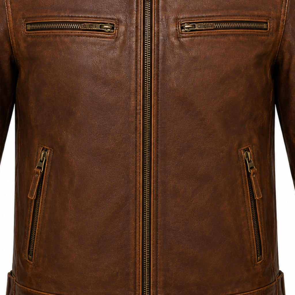 Heritage Crest Brown classic cruiser leather motorcycle jacket leather and hardware detail