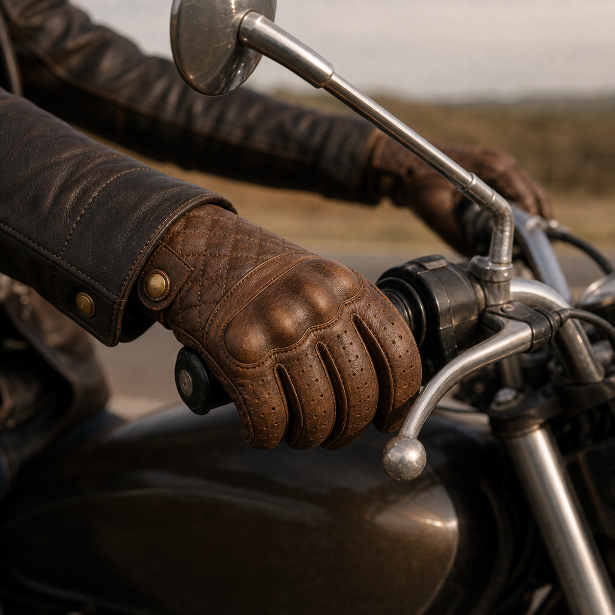 Cruiser rider wearing Heritage brown leather motorcycle gloves