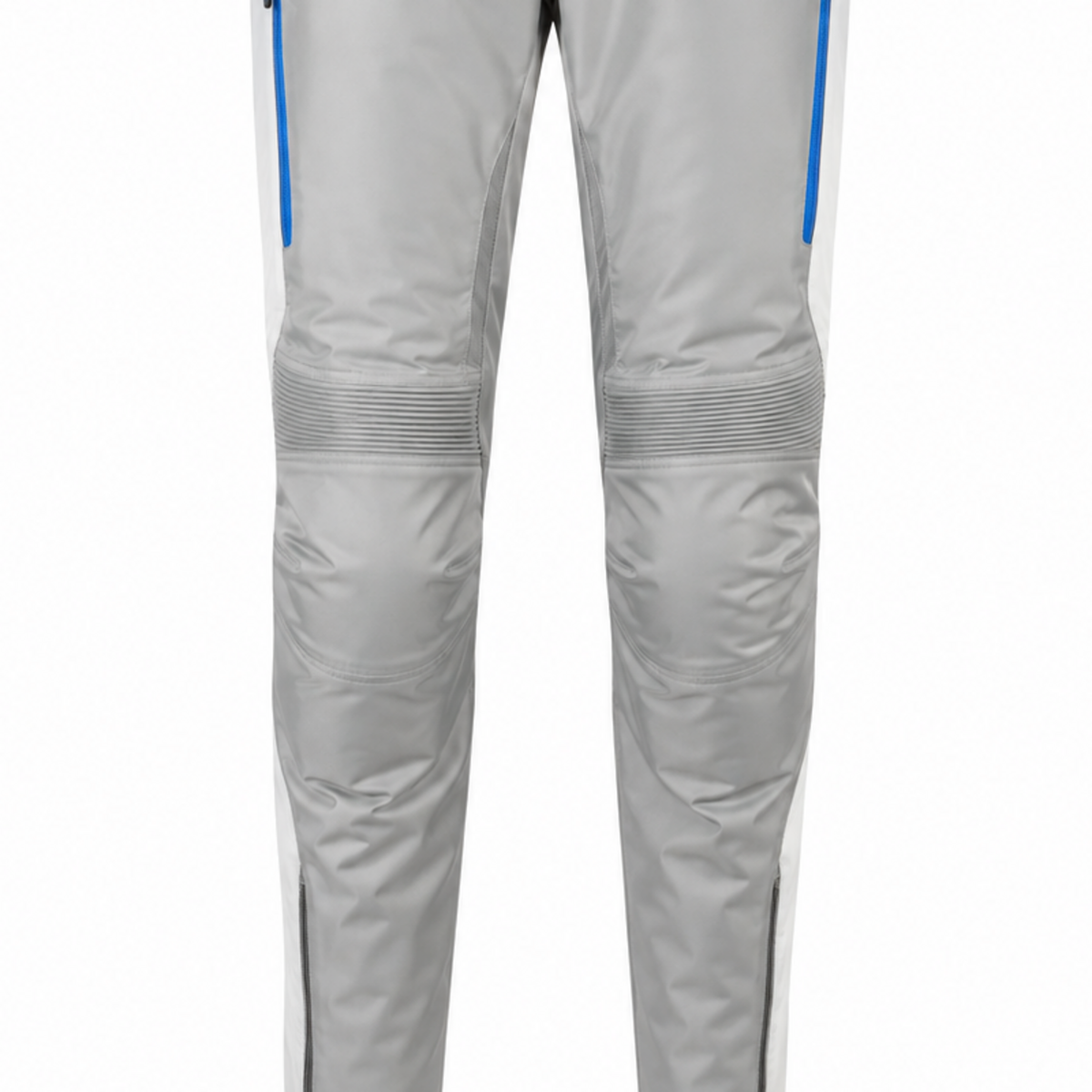 IceCircuit silver cobalt waterproof textile motorcycle pants — knee, lower-leg and cuff detail