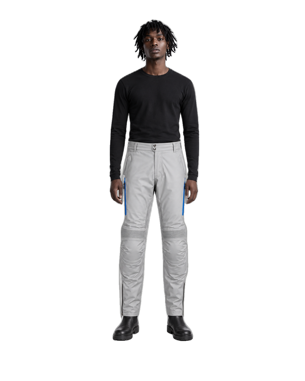 IceCircuit Silver Cobalt Waterproof Textile Motorcycle Pants front view on male model on transparent background