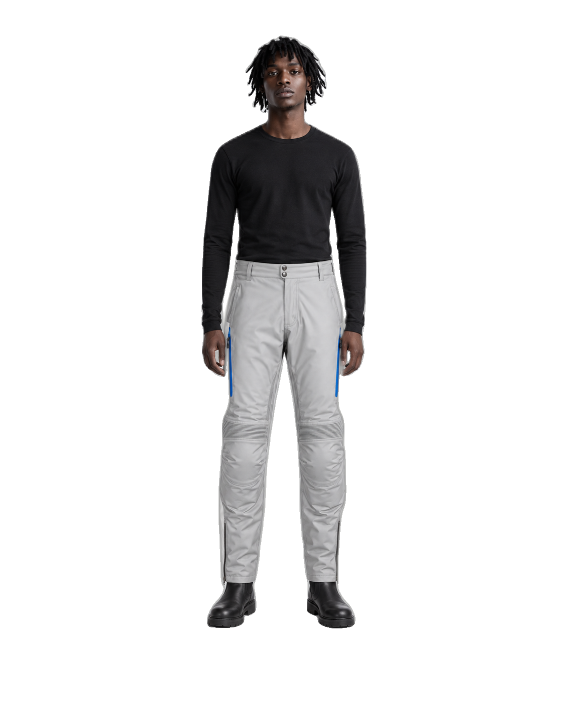 IceCircuit Silver Cobalt Waterproof Textile Motorcycle Pants front view on male model on transparent background
