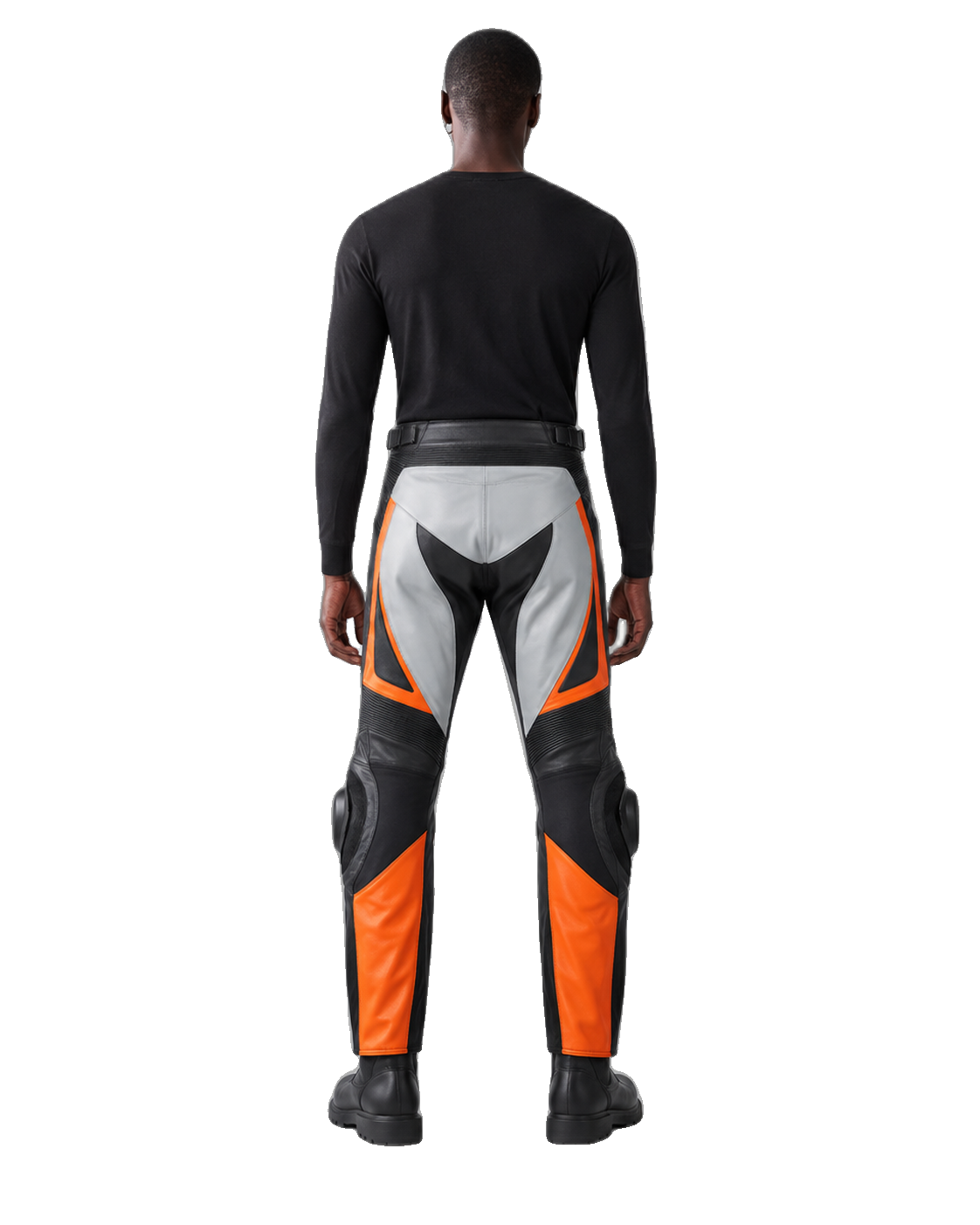 Iceflare Leather Motorcycle Racing Pants back view on male model transparent background