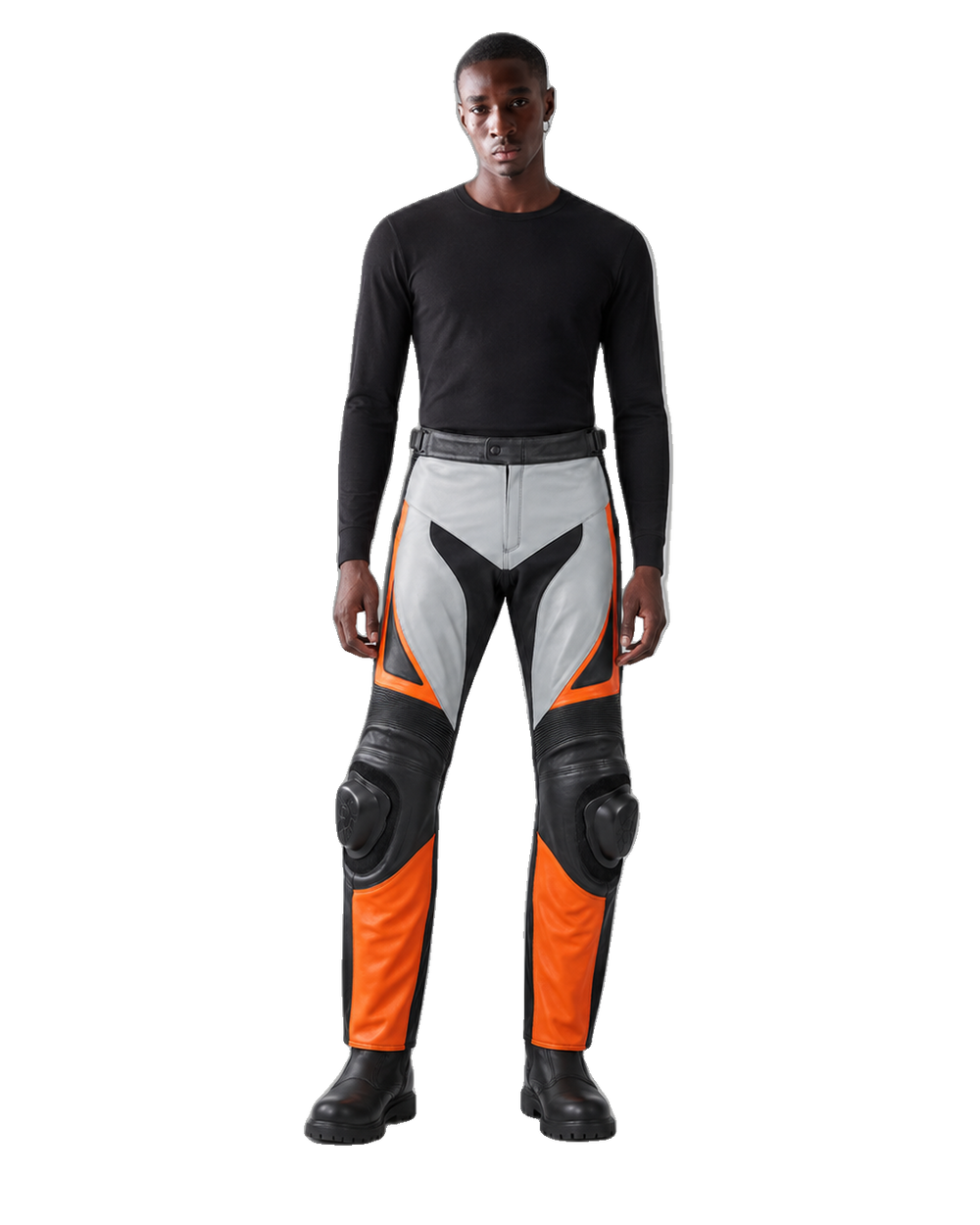 Iceflare Leather Motorcycle Racing Pants front view on male model transparent background