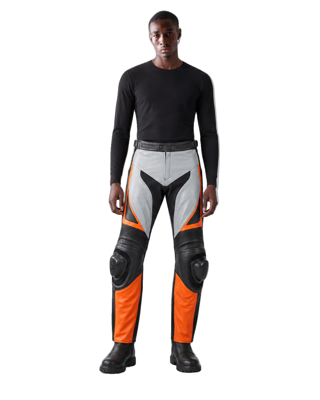 Iceflare Leather Motorcycle Racing Pants front view on male model transparent background
