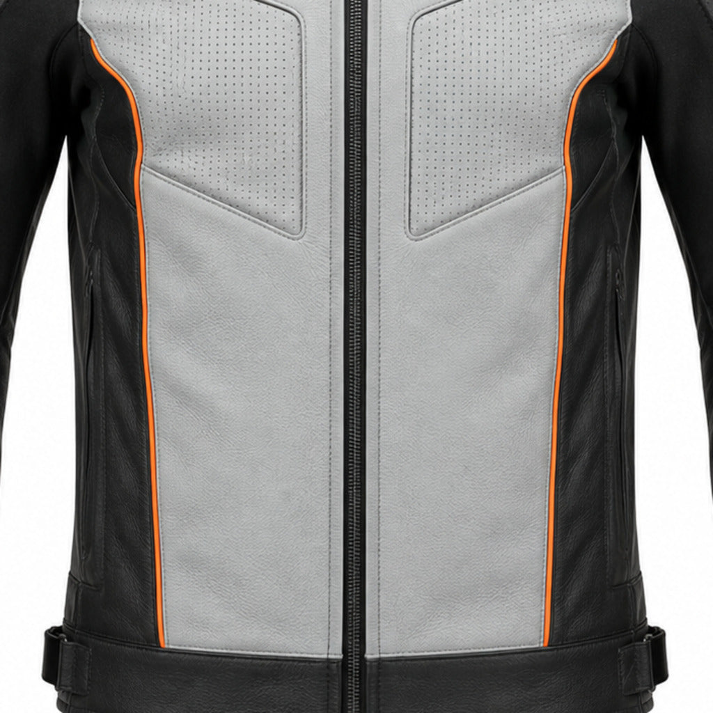 Iceflare R Leather Motorcycle Racing Jacket leather panels stitching and hardware detail