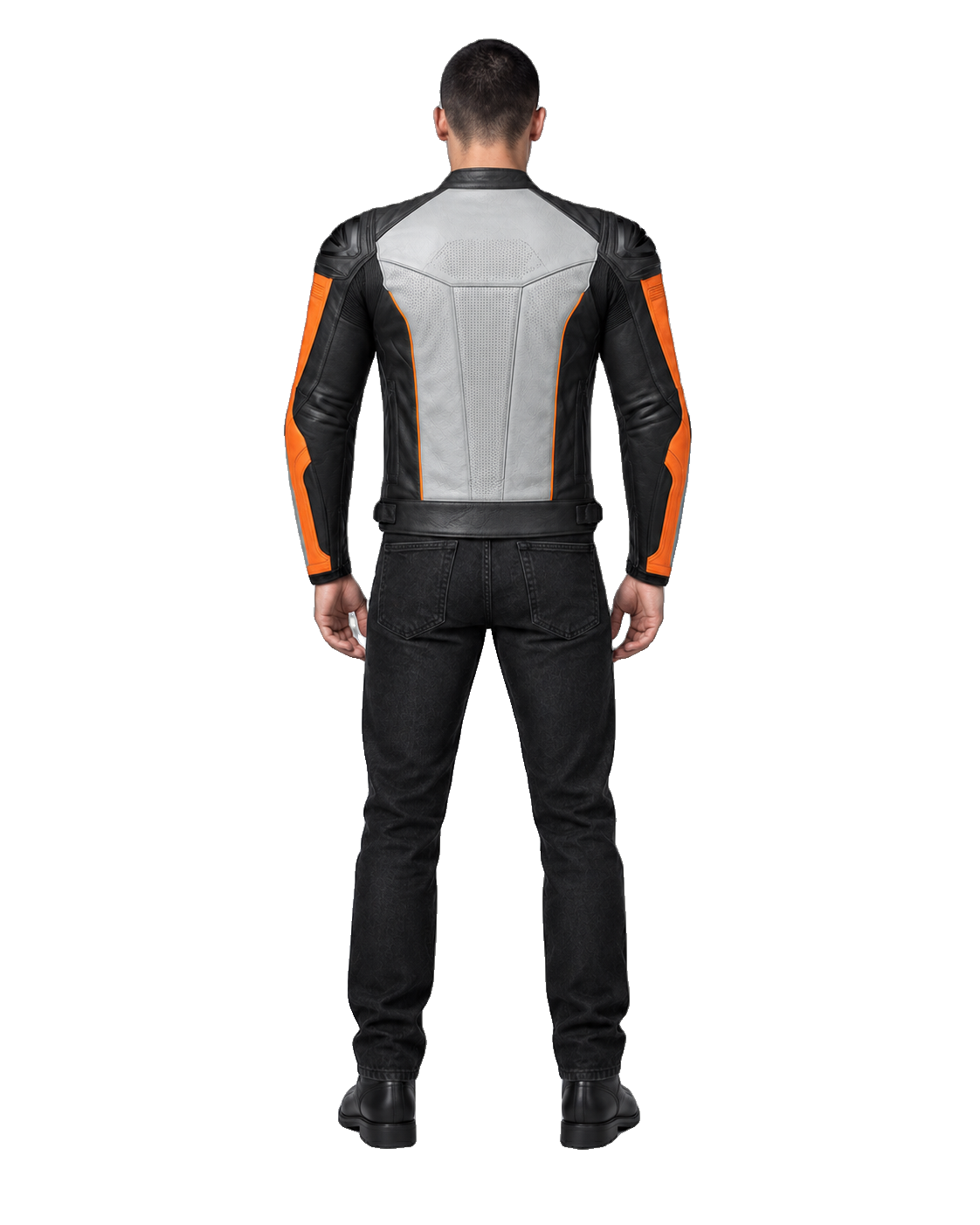 Iceflare R Leather Motorcycle Racing Jacket back view on male model with transparent background