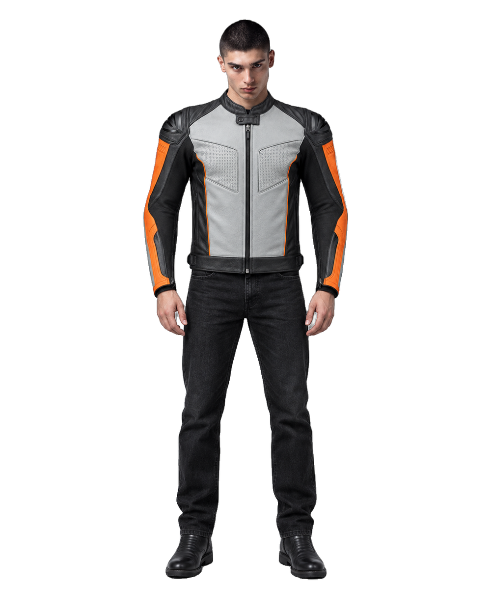 Iceflare R Leather Motorcycle Racing Jacket front view on male model with transparent background