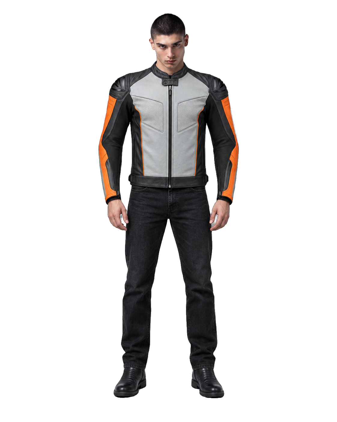 Iceflare R Leather Motorcycle Racing Jacket front view on male model with transparent background