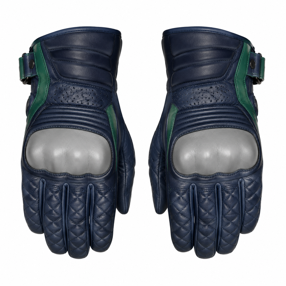 IndigoCrest navy silver street motorcycle gloves — full pair hero view