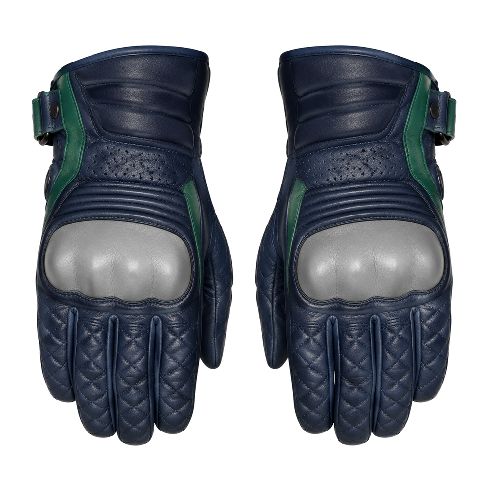IndigoCrest navy silver street motorcycle gloves — full pair hero view