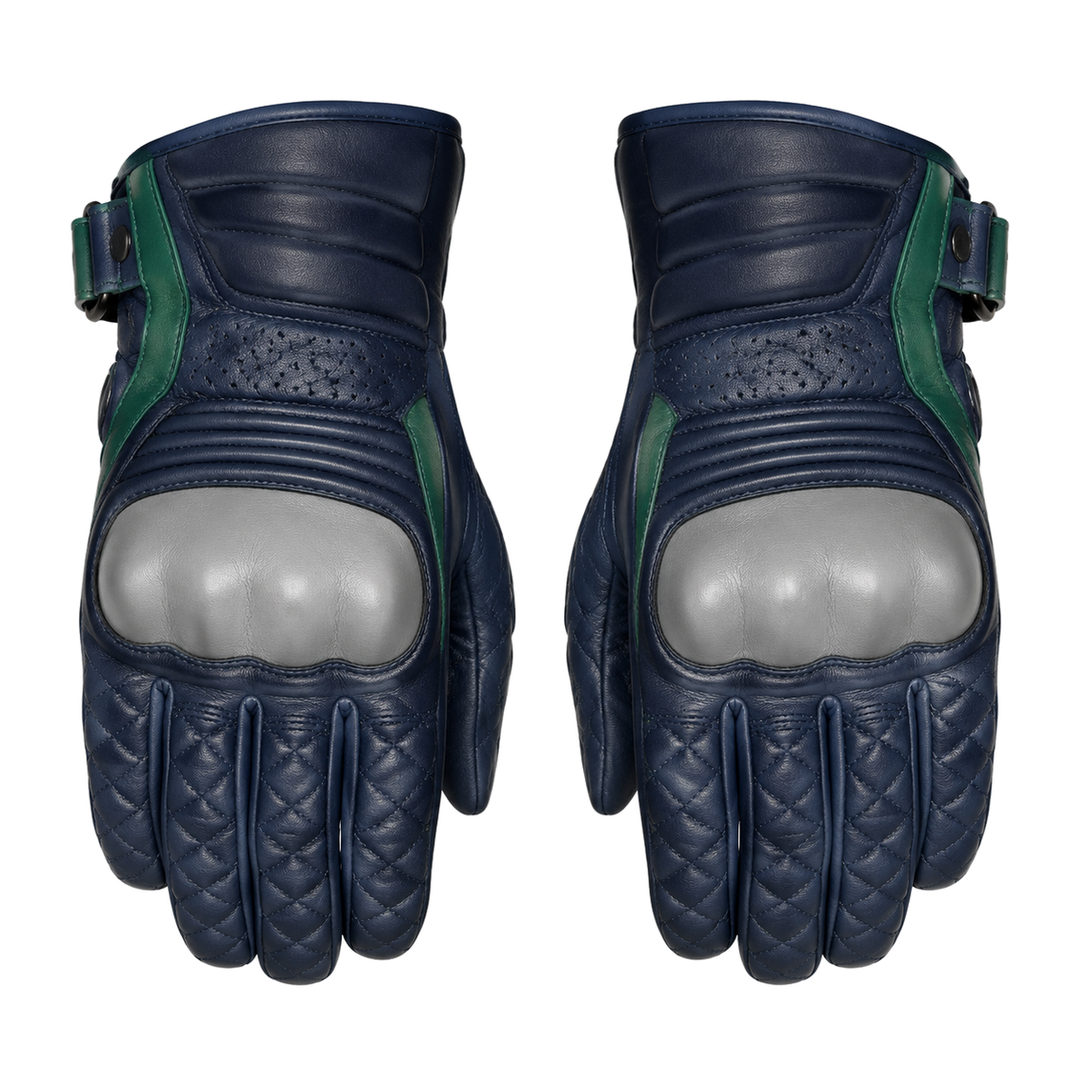 IndigoCrest navy silver street motorcycle gloves — full pair hero view