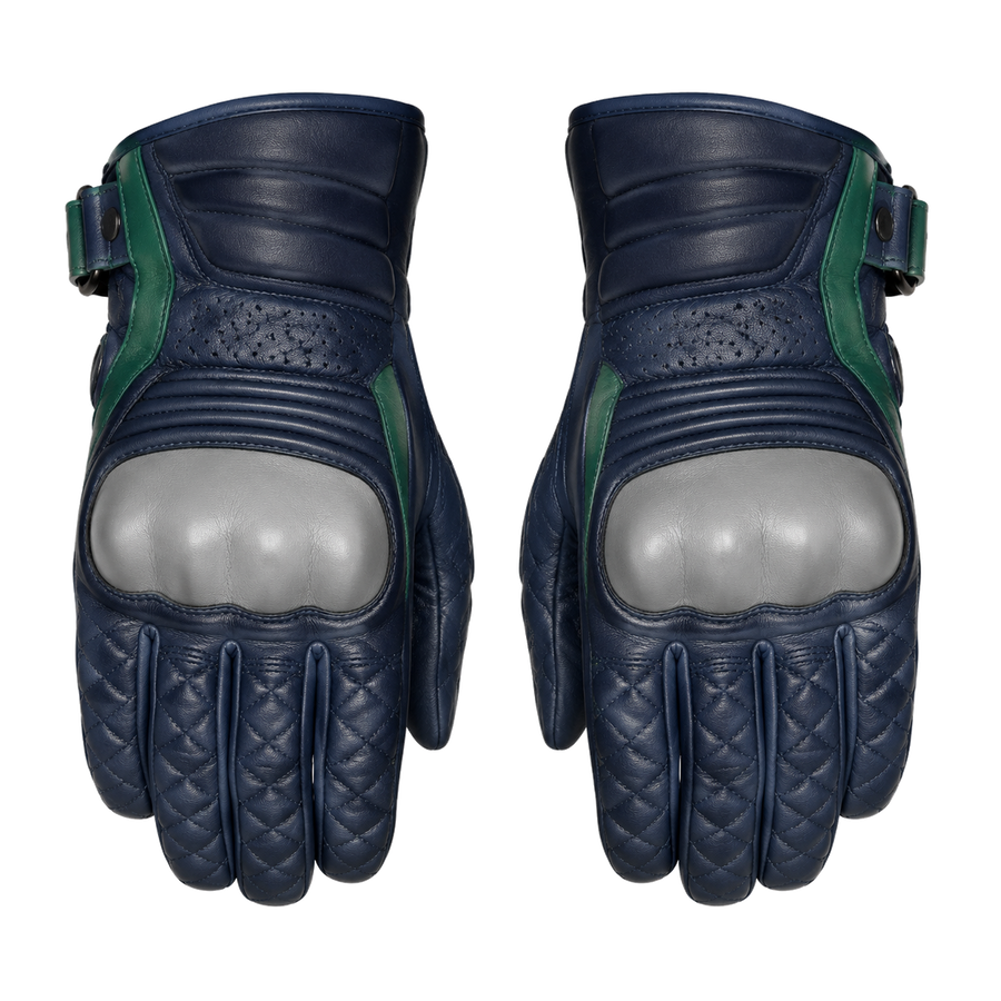 IndigoCrest navy silver street motorcycle gloves — full pair hero view