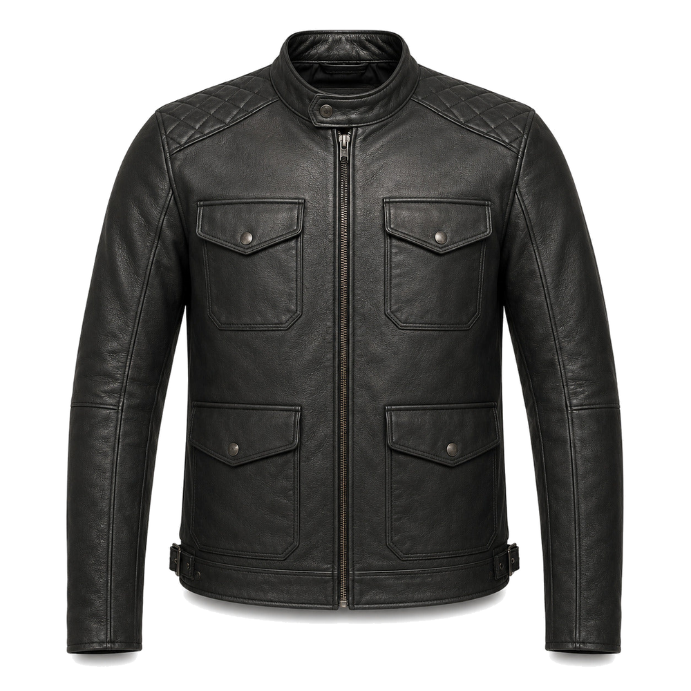Iron Harbor Black classic cruiser leather motorcycle jacket front hero view