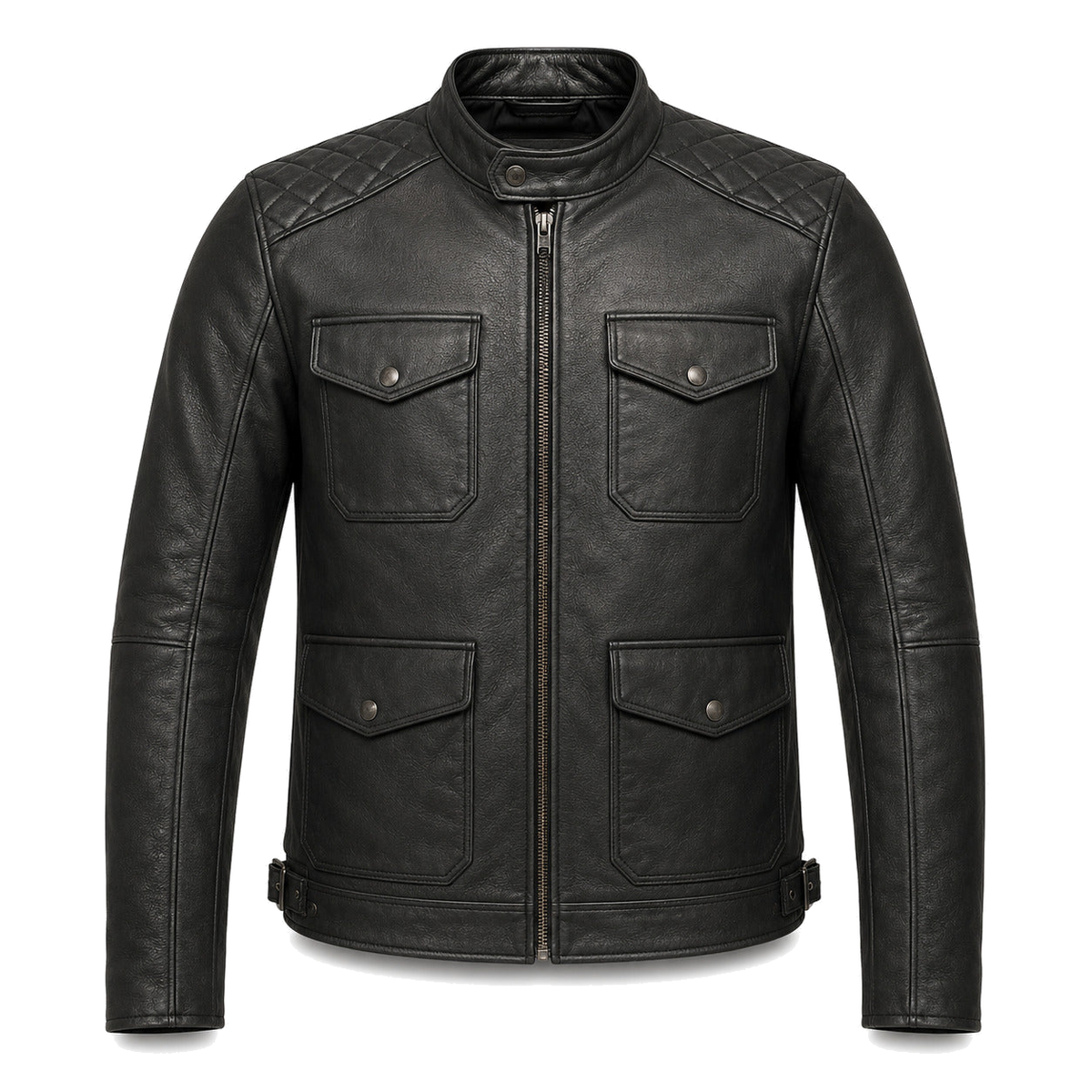 Iron Harbor Black classic cruiser leather motorcycle jacket front hero view