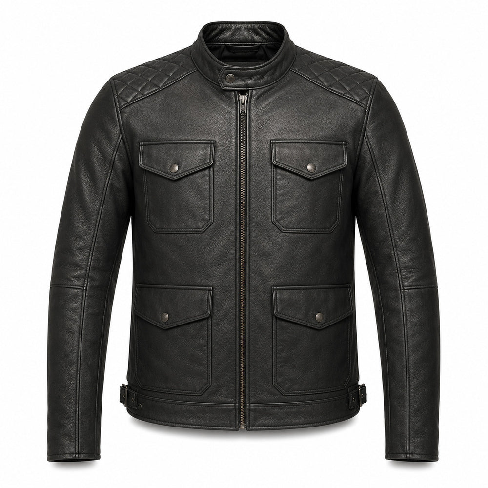 Iron Harbor Black classic cruiser leather motorcycle jacket front hero view