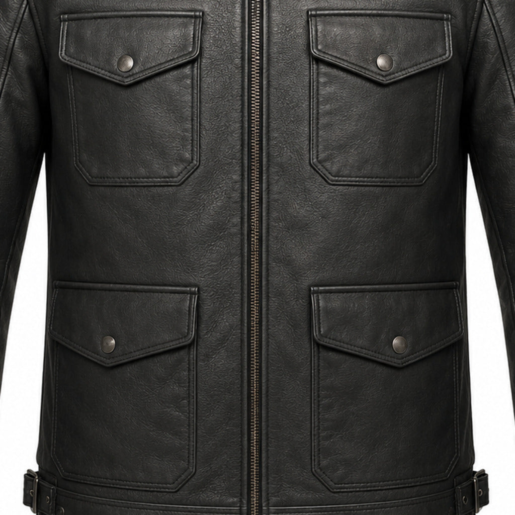 Iron Harbor Black classic cruiser leather motorcycle jacket leather and hardware detail