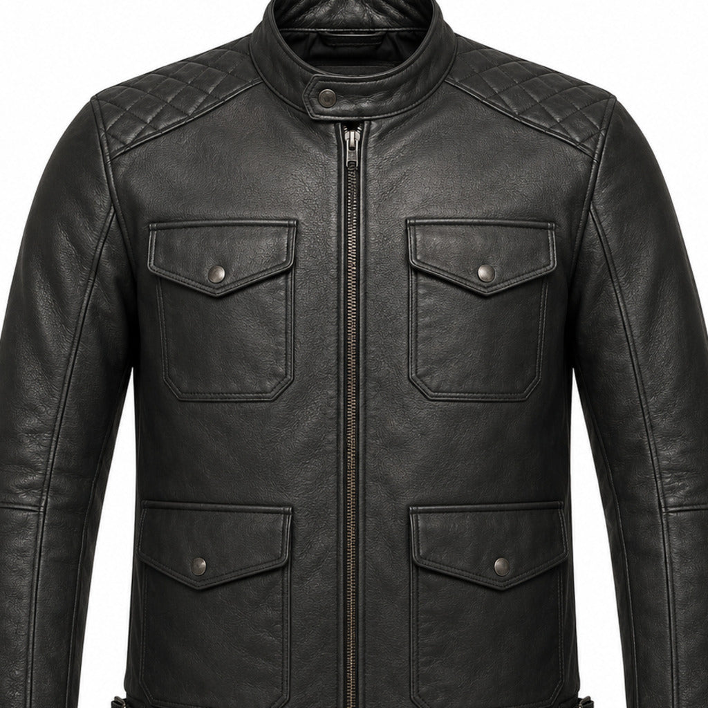 Iron Harbor Black classic cruiser leather motorcycle jacket upper construction detail