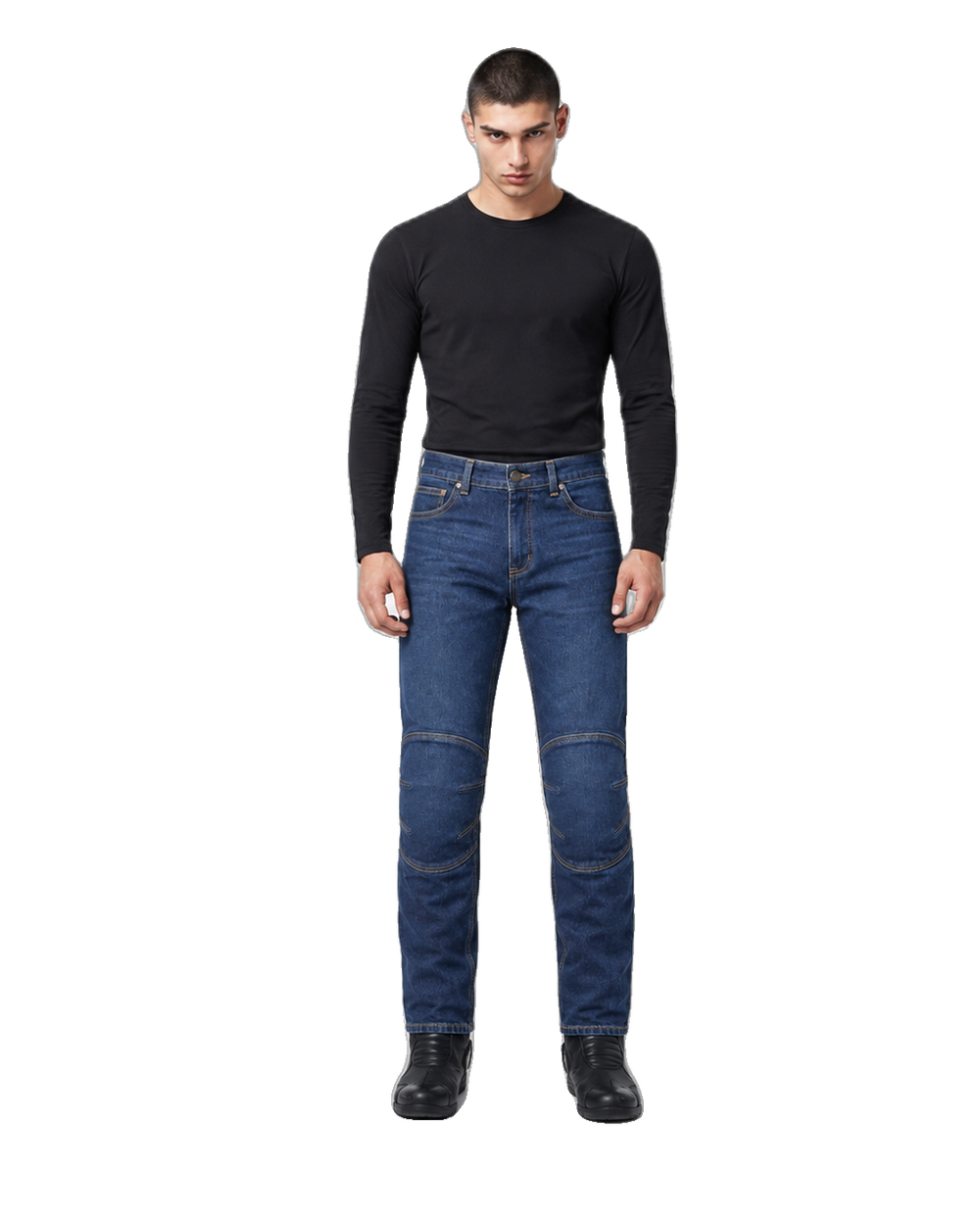 Ironlane Heritage Armored Motorcycle Riding Jeans front view on male model on transparent background