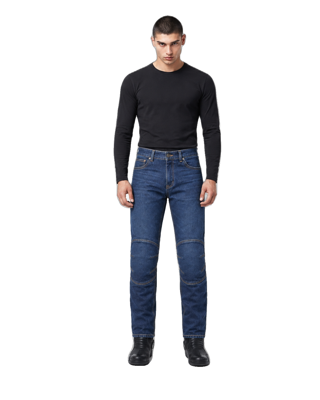 Ironlane Heritage Armored Motorcycle Riding Jeans front view on male model on transparent background