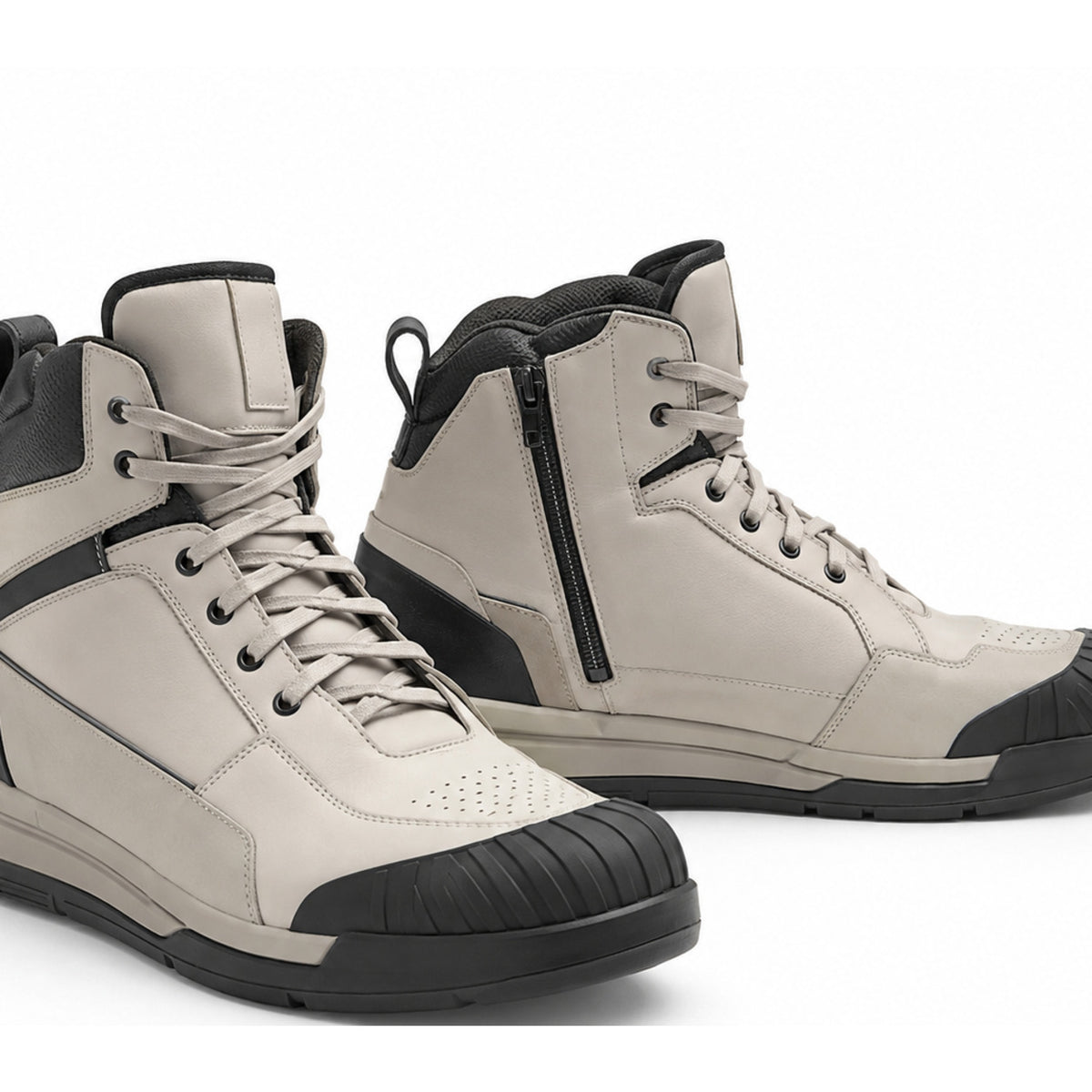 Ivory Apex High-Top Motorcycle Riding Shoes – upper closure detail in Warm Ivory / Black