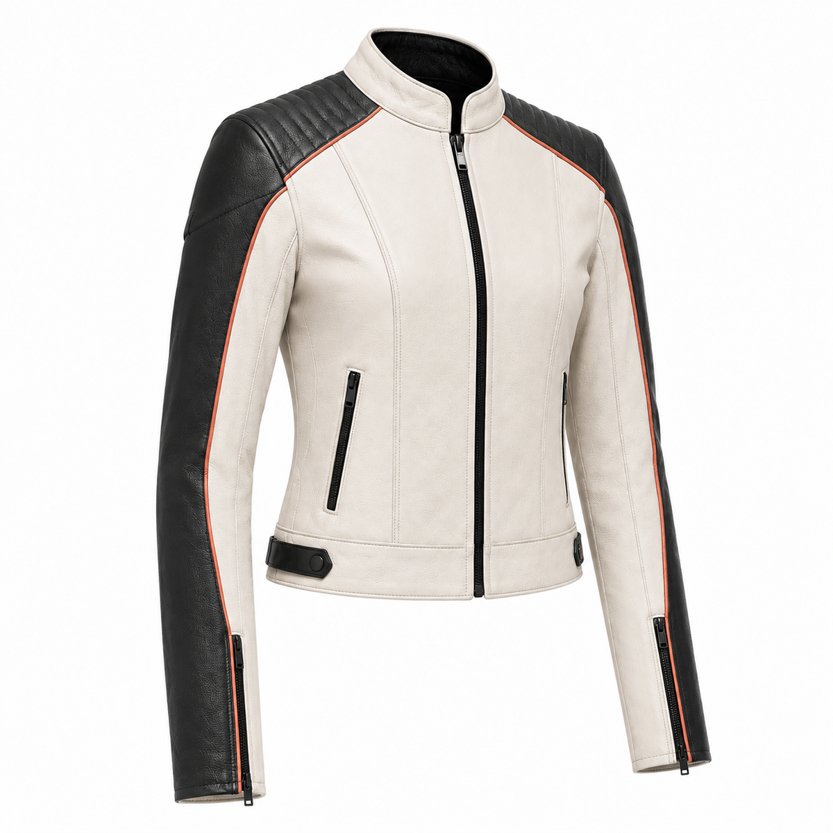 Ivory Circuit Women’s Two-Tone Leather Jacket three-quarter leather detail view