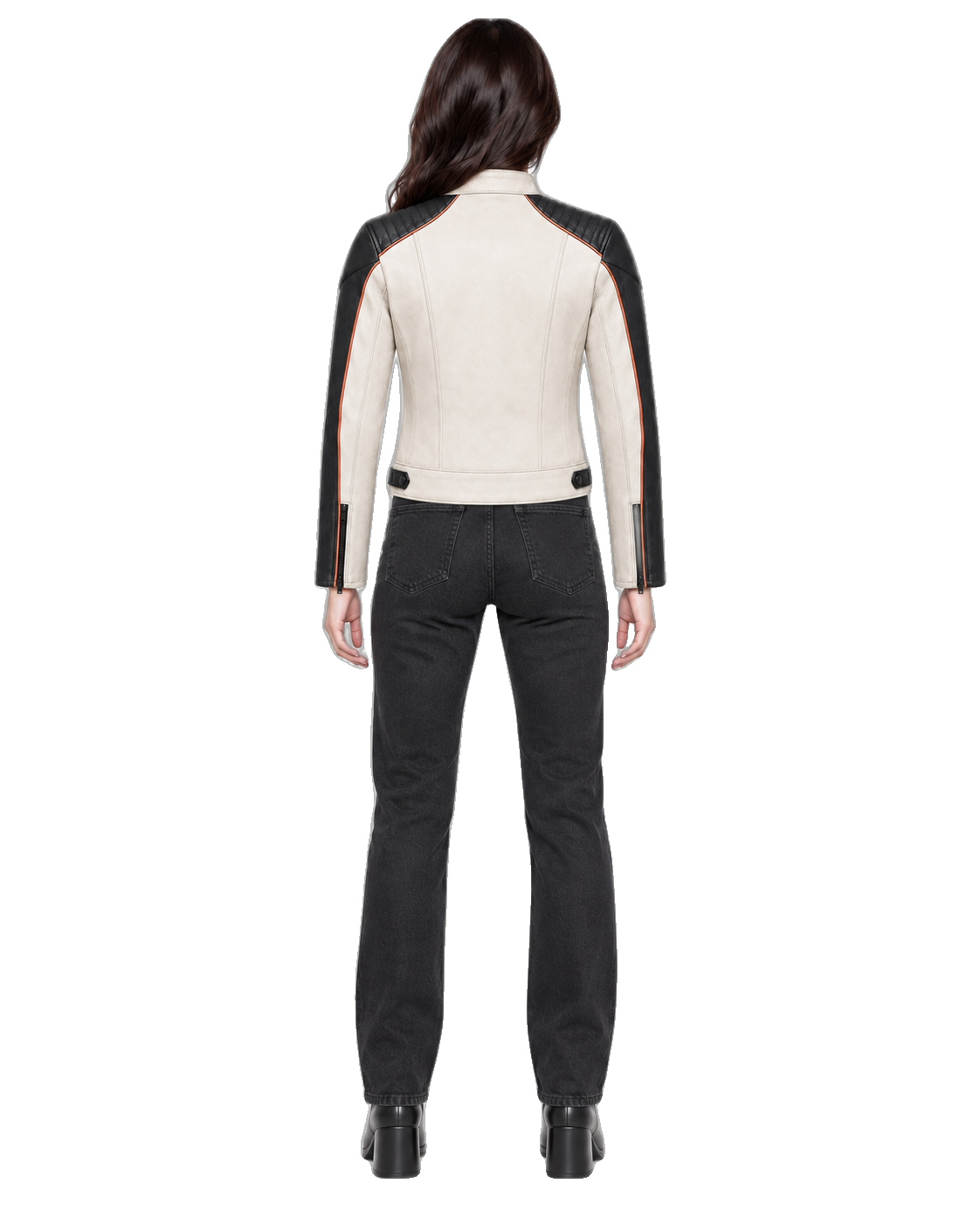 Ivory Circuit Women’s Two-Tone Leather Jacket back view on female model with transparent background