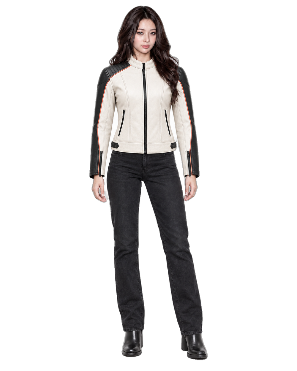 Ivory Circuit Women’s Two-Tone Leather Jacket front view on female model with transparent background