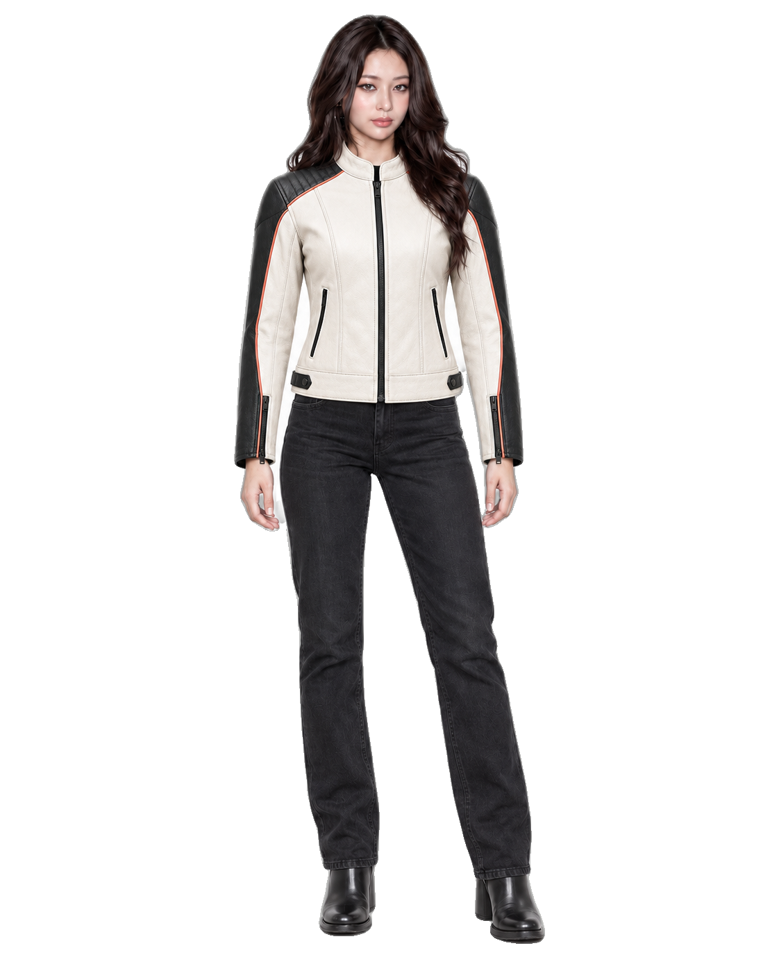 Ivory Circuit Women’s Two-Tone Leather Jacket front view on female model with transparent background