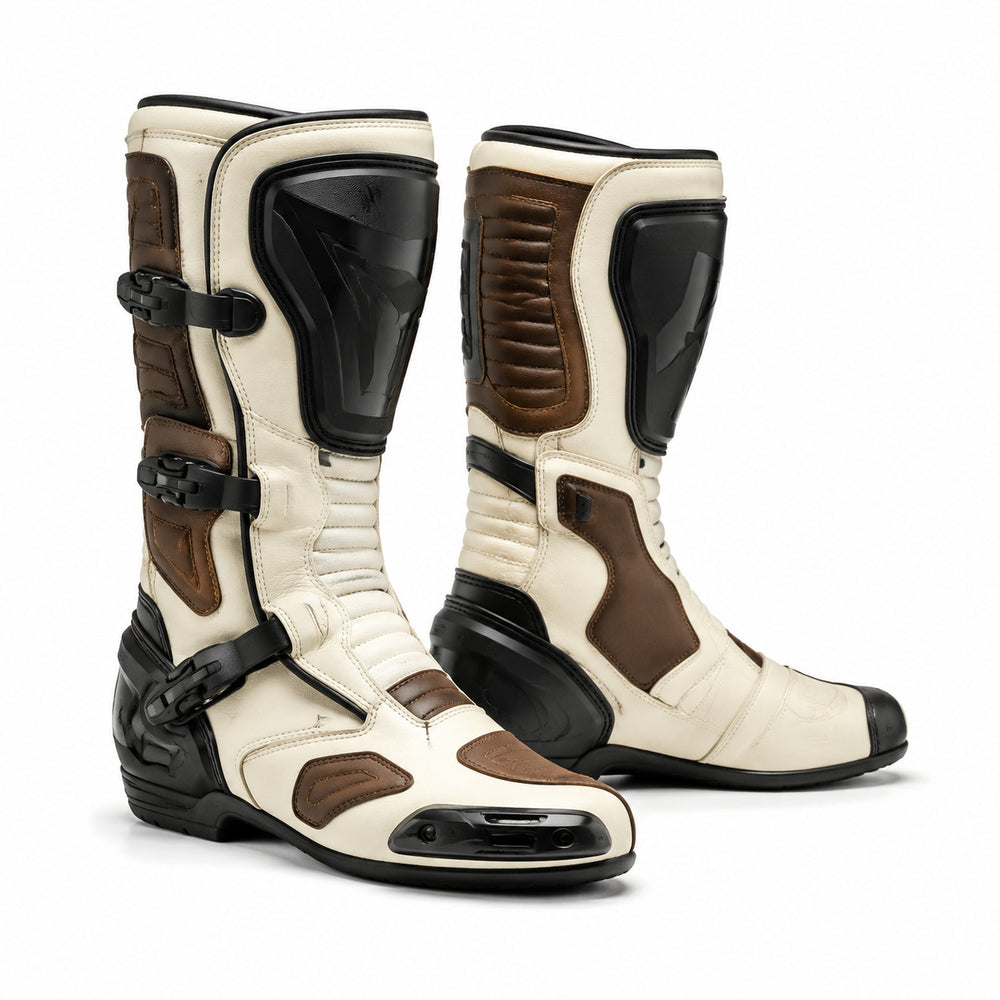 Ivory Falcon Premium Racing Motorcycle Boots – hero – Warm Ivory / Brown / Black
