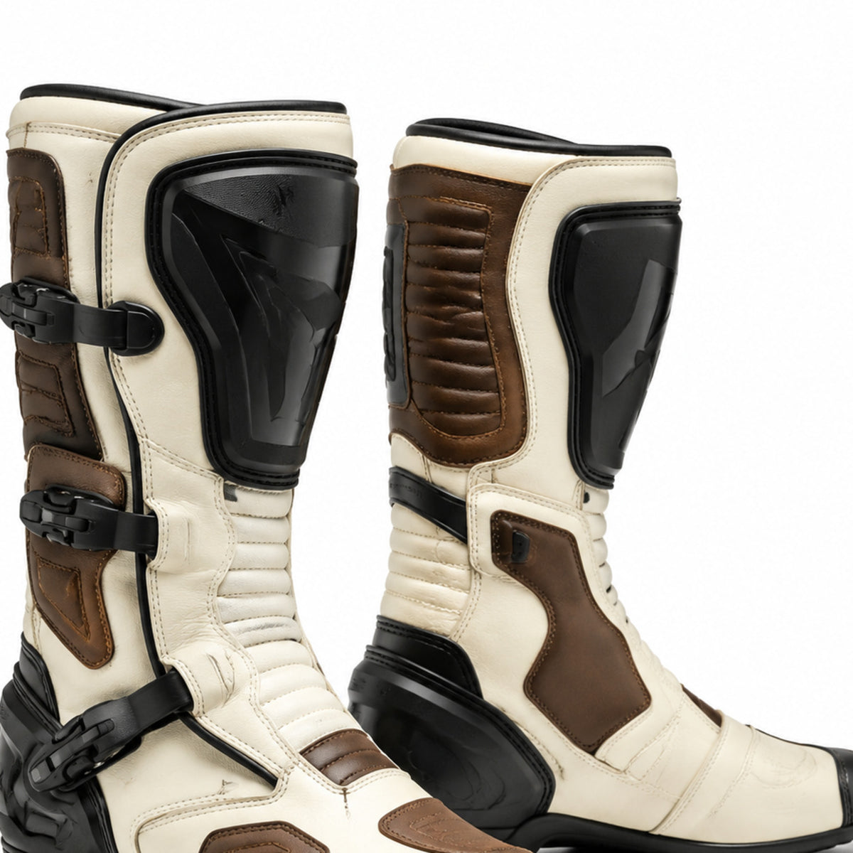 Ivory Falcon Premium Racing Motorcycle Boots – shin closure detail – Warm Ivory / Brown / Black