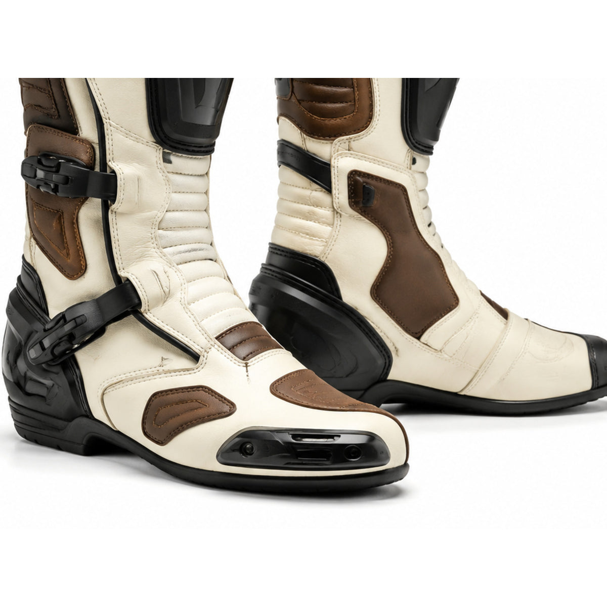 Ivory Falcon Premium Racing Motorcycle Boots – toe ankle sole detail – Warm Ivory / Brown / Black