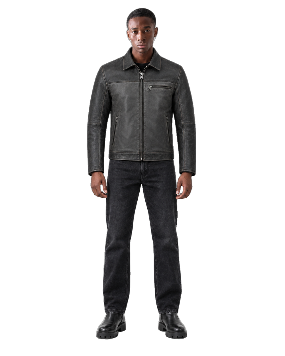 Ivory Mile Cream Leather Cruiser Jacket front view on male model with transparent background