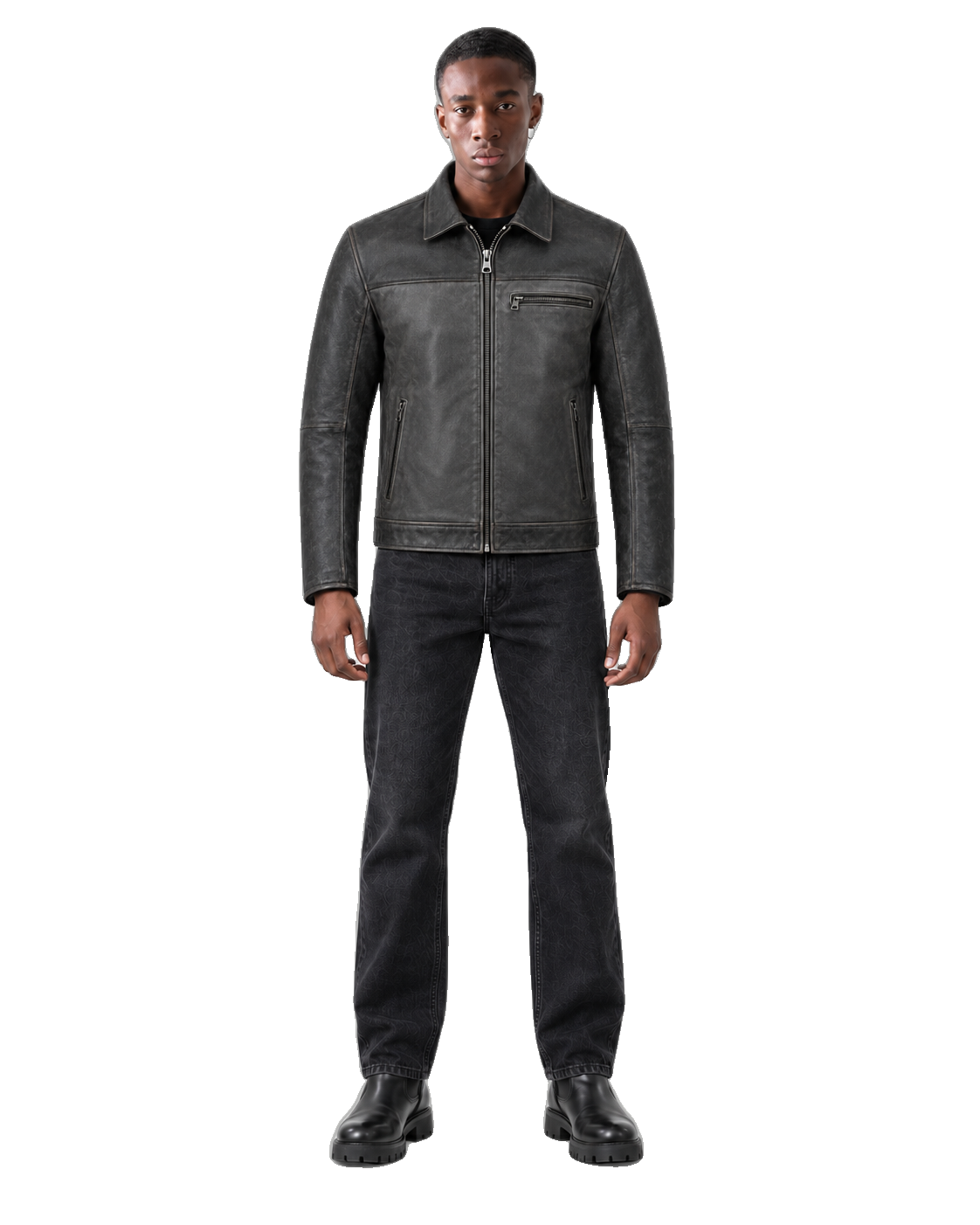 Ivory Mile Cream Leather Cruiser Jacket front view on male model with transparent background