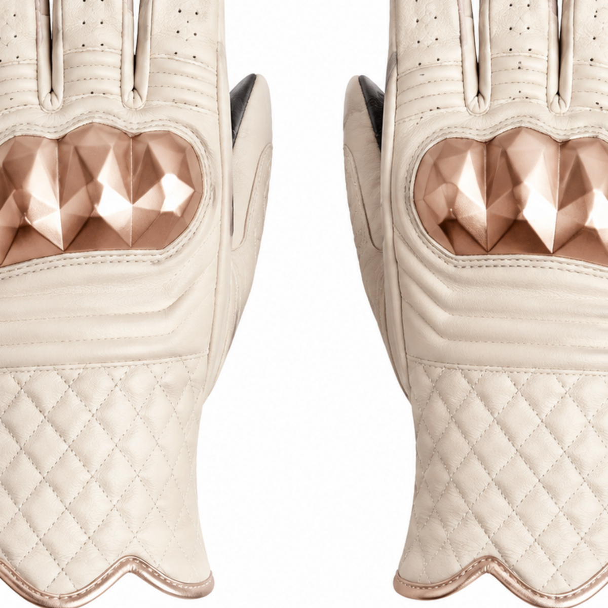 IvoryRift pearl rose street motorcycle gloves — cuff and backhand construction detail